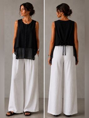 Matthildur Black Lagenlook Minimalist High Low Sheer Layering Vest Tunic Top M